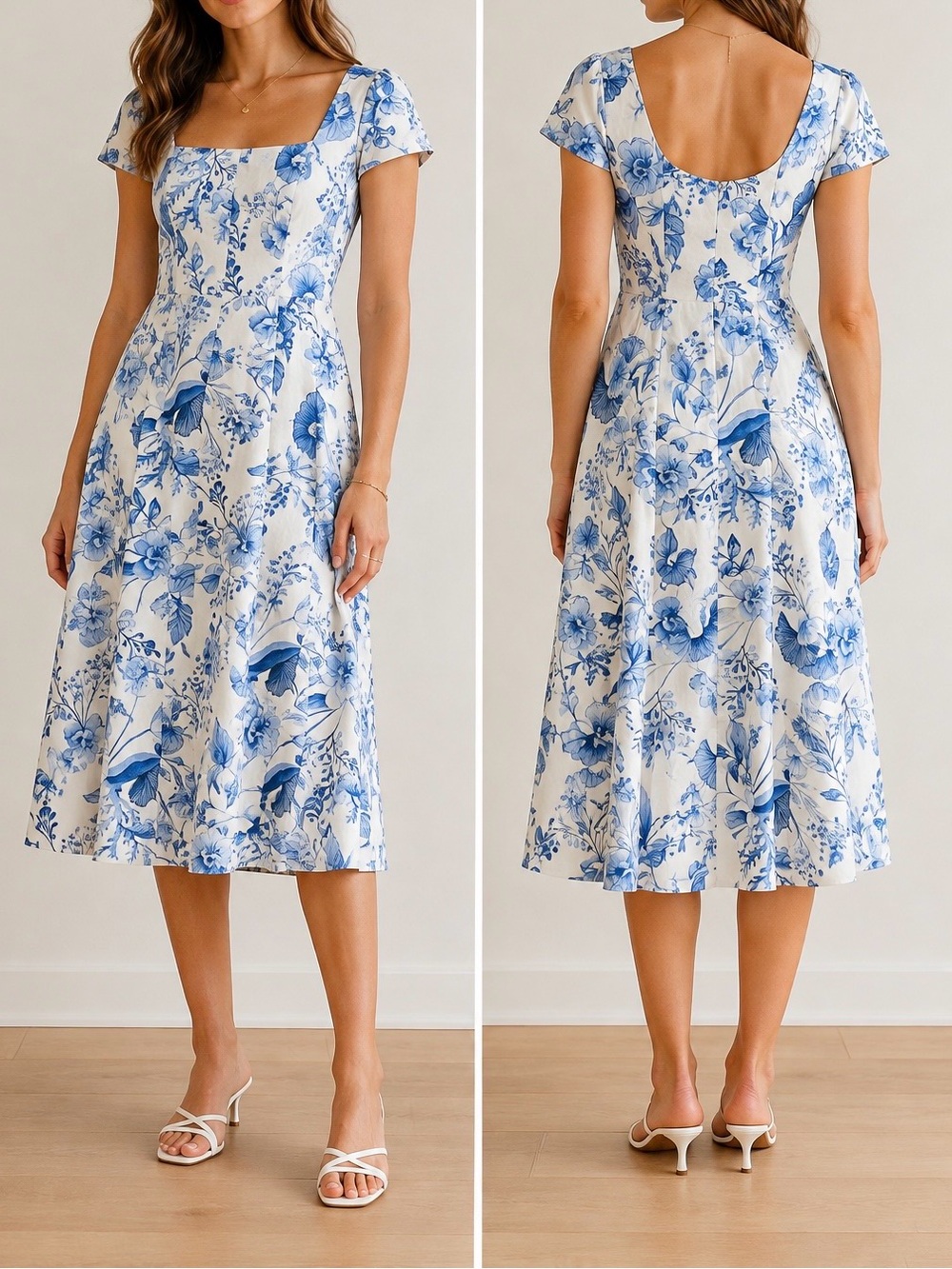 Avec Les Filles White Midi Dress with Blue Floral Print